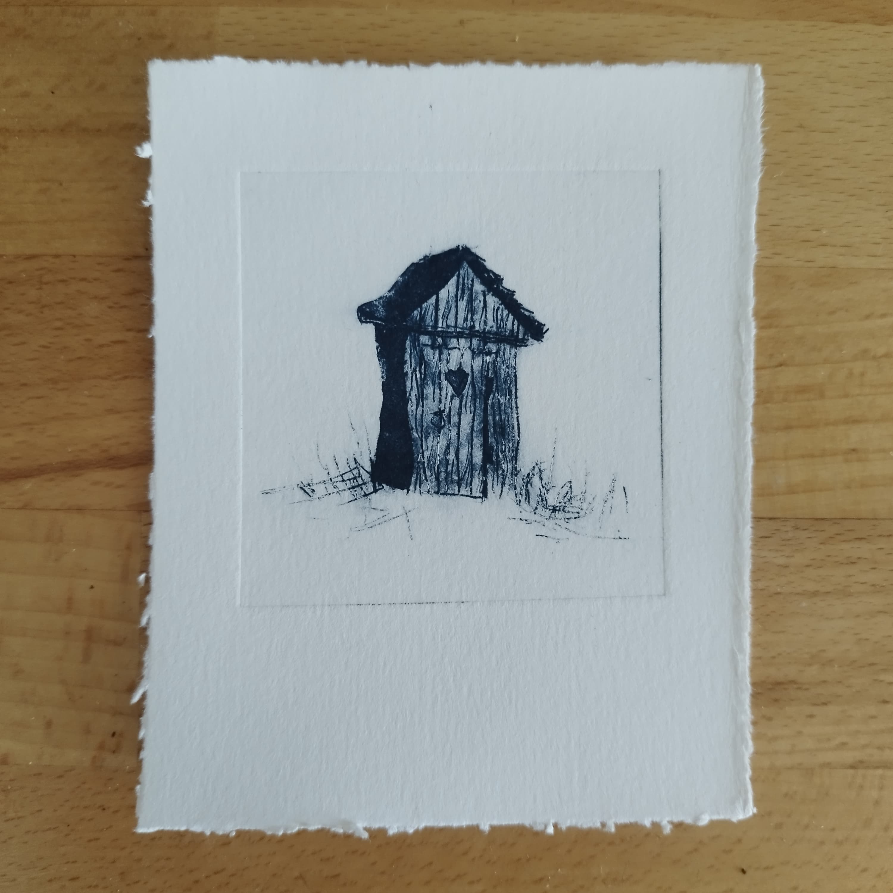 Petite gravure représentant une cabane de bois isolée dans les herbes hautes